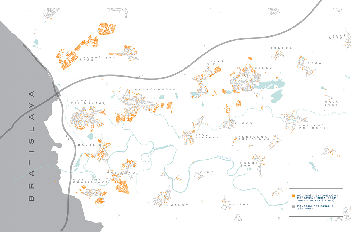 Priestorové rozmiestnenie novopostavených rodinných a bytových domov vo východnej časti bratislavského zázemia