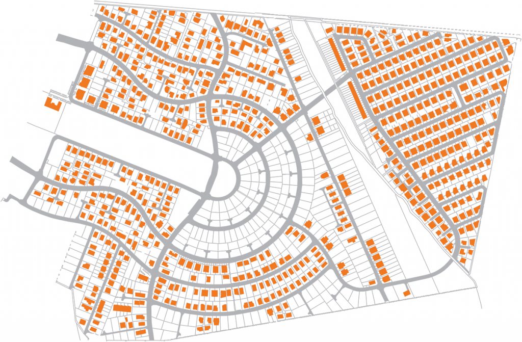 suburbium Malý raj v obci slovenský Grob s vyznačením obslužných komunikácií. Kým v minulosti sa vidiecke sídla vytvá rali prirodzenou adíciou nových domov