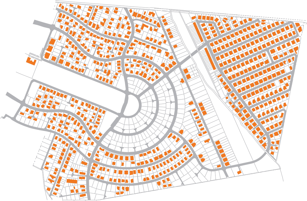 suburbium Malý raj v obci slovenský Grob s vyznačením obslužných komunikácií. Kým v minulosti sa vidiecke sídla vytvá rali prirodzenou adíciou nových domov